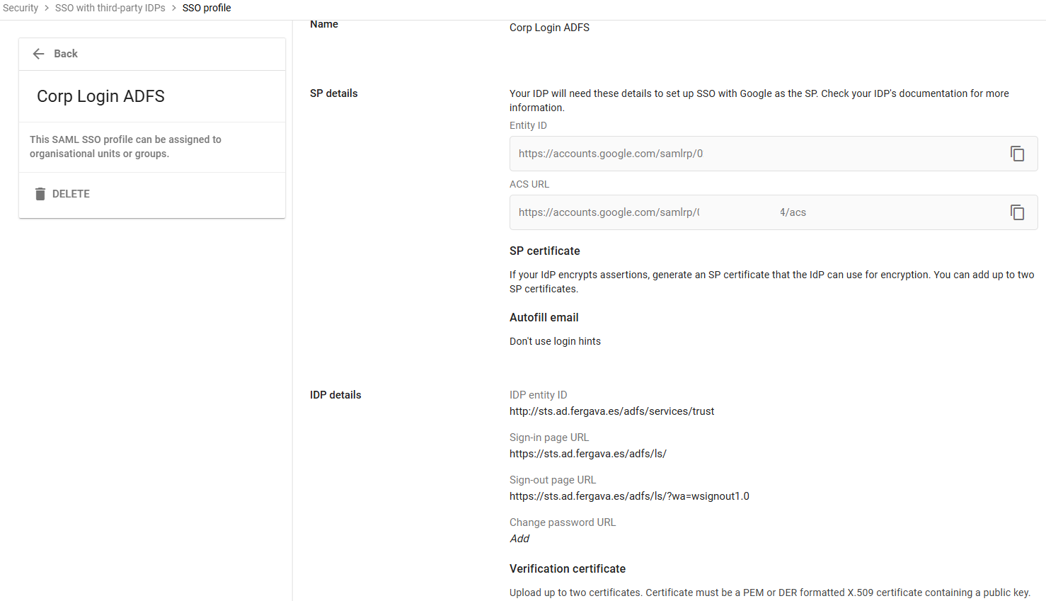 Google Admin SSO Settings
