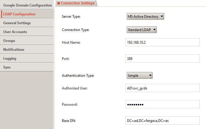 GCDS LDAP Configuration Screen